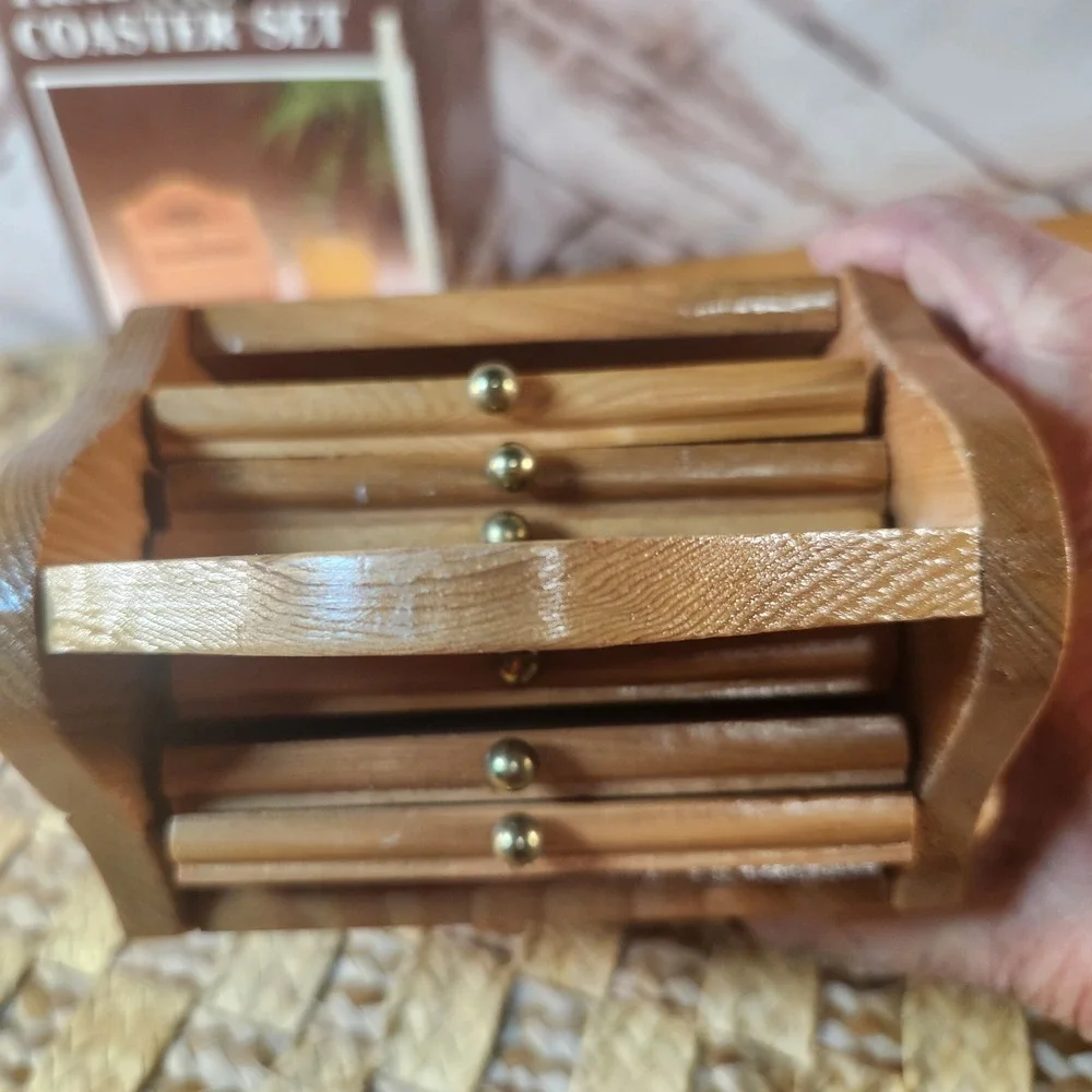 Vintage Traditional Coaster Set Wood and Cork 6 Piece with Caddy